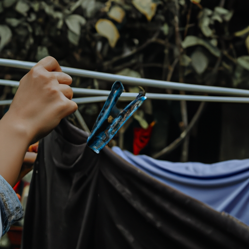 תמונה של אדם המשתמש בחבל כביסה כדי לתלות בגדים בגינה שלו