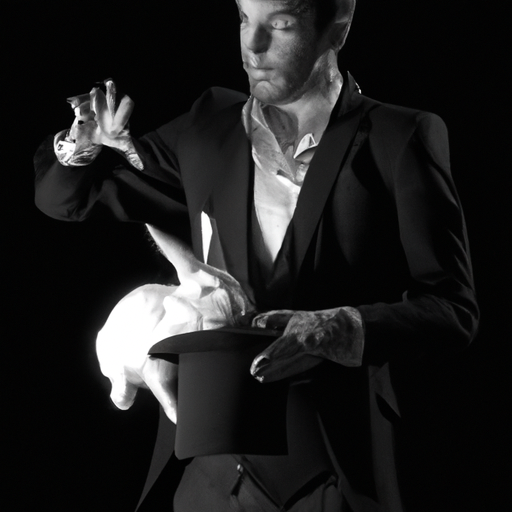 תמונה בשחור-לבן של קוסם מבצע מעשה היעלמות עם ארנב.