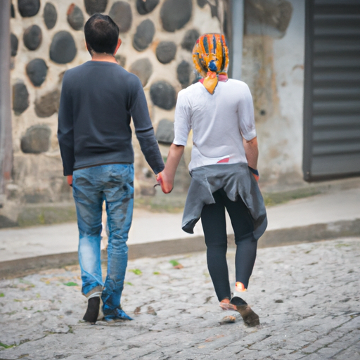 1. זוג מחזיק ידיים תוך כדי הליכה ברחובות המרוצפים של טביליסי.