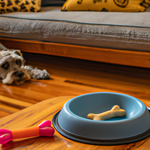 סלון ידידותי לכלבים עם צעצועי לעיסה, מיטת כלב וקערת אוכל ומים