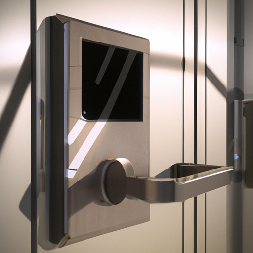 דלת המצוידת בתכונות אבטחה מתקדמות כמו מנעולים ביומטריים ומצלמות אבטחה.