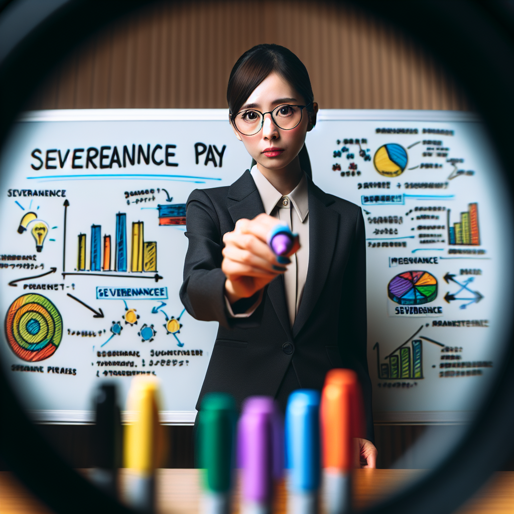 צילום של מומחה כלכלי מסביר מול לוח מחיק את מושג פיצויי הפיטורים.