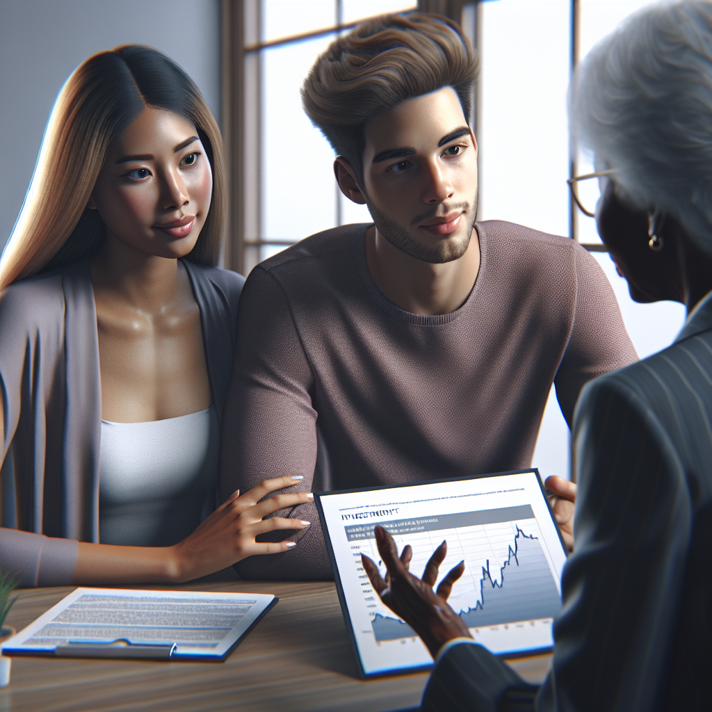 תמונת זוג צעיר מתייעץ עם יועץ פיננסי בנוגע לאפשרויות השקעה של כספי הפיצויים.